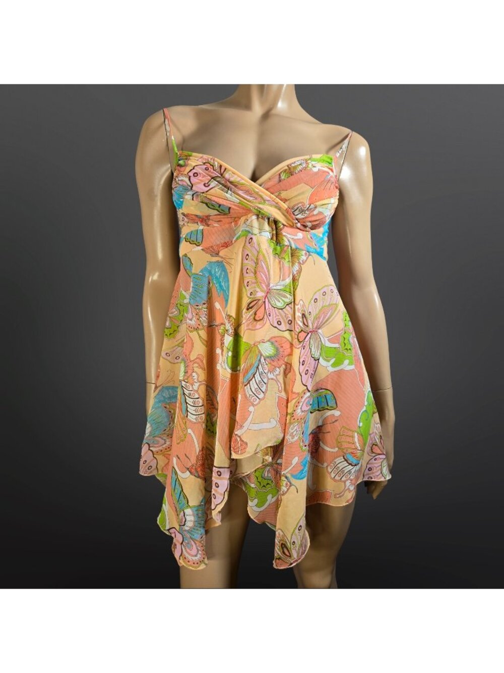 Y2K Butterfly Print Babydoll Top Handkerchief Hem Size S Fairy Coquette Chiffon